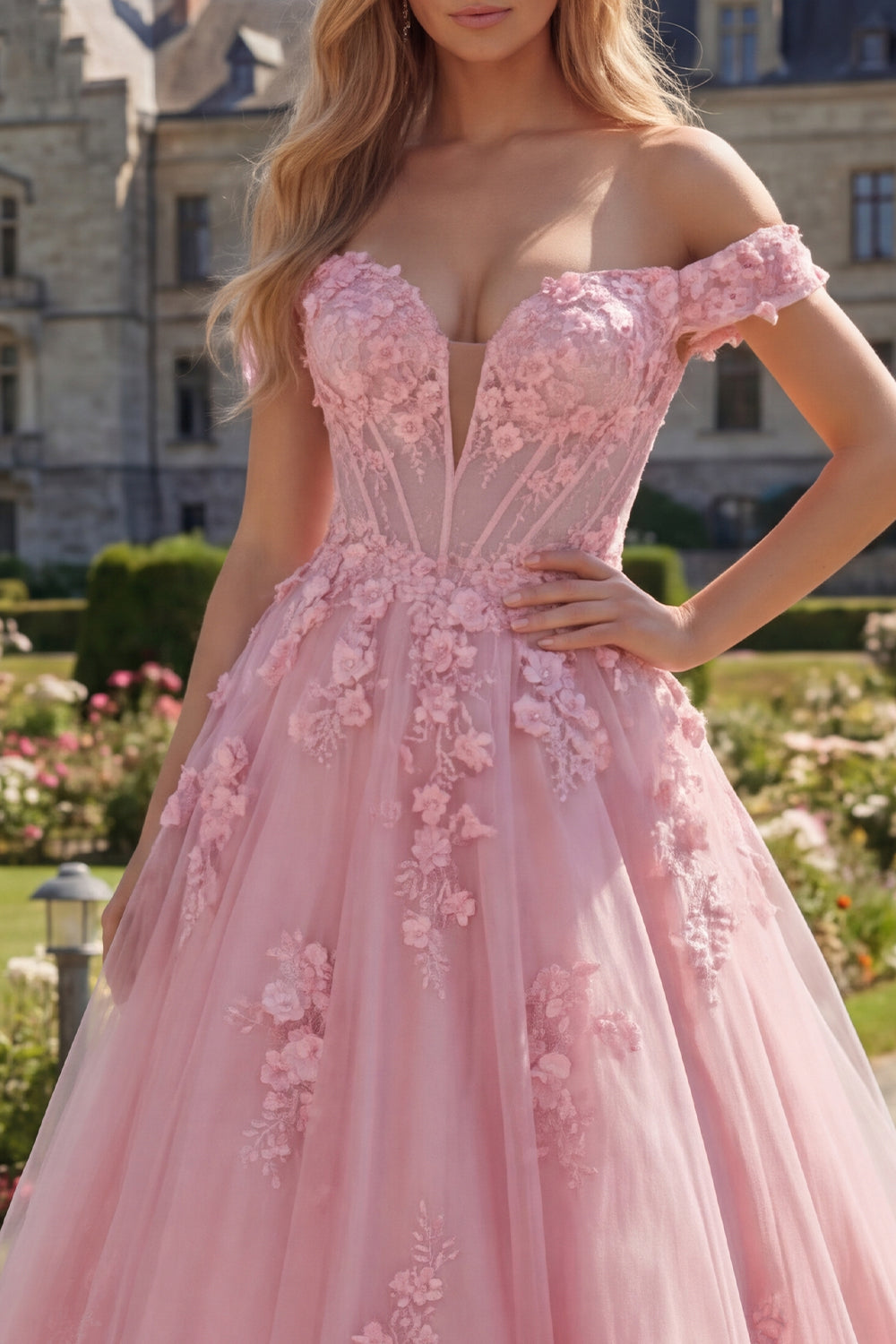 Pink Off the Shoulder A Line Floral Corset Long Prom Dress