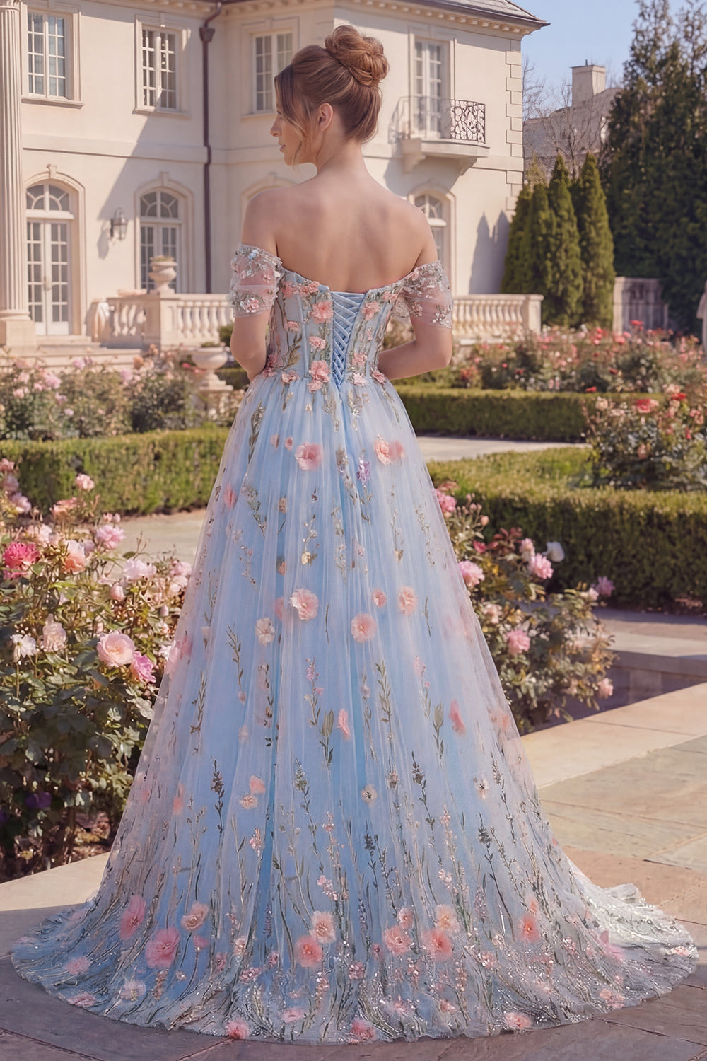 Off the Shoulder High Low A Line Floral Blue Corset Prom Dress