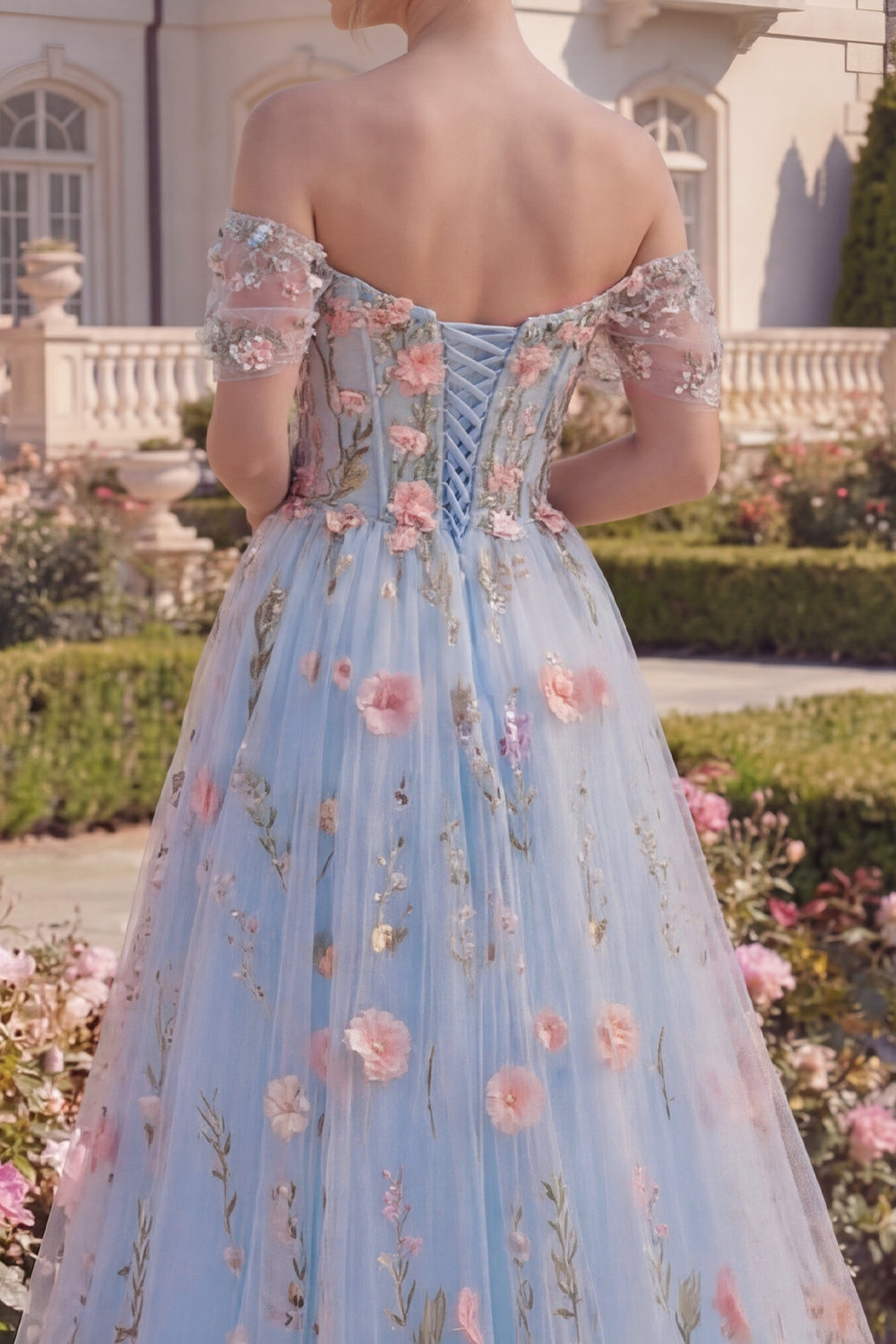 Off the Shoulder High Low A Line Floral Blue Corset Prom Dress