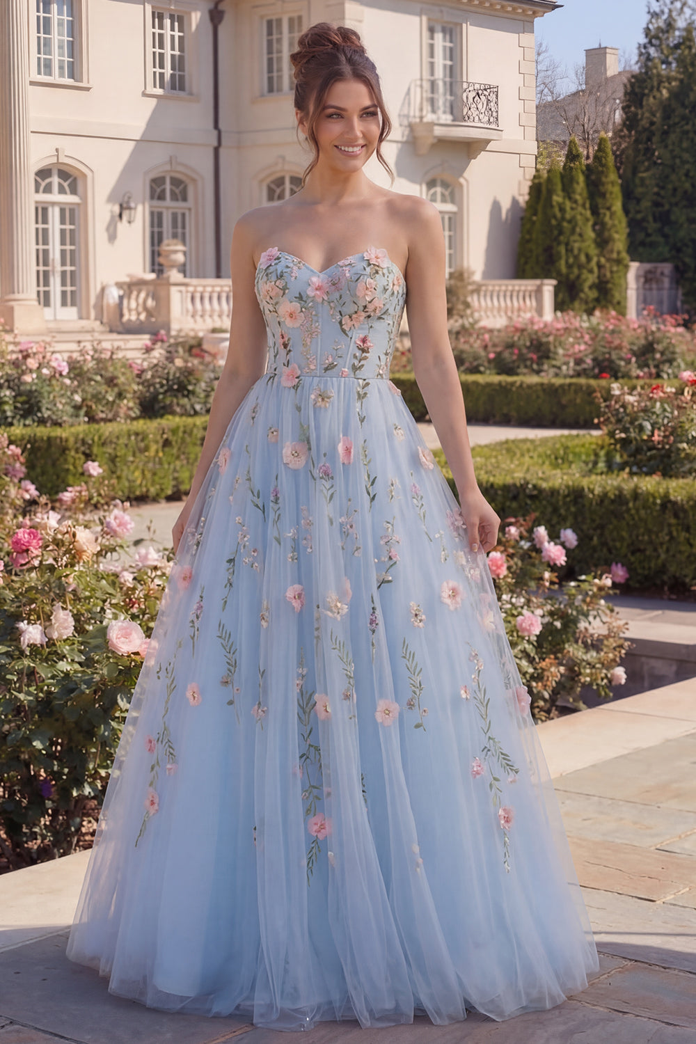 Floral Long Strapless A Line Blue Corset Prom Dress