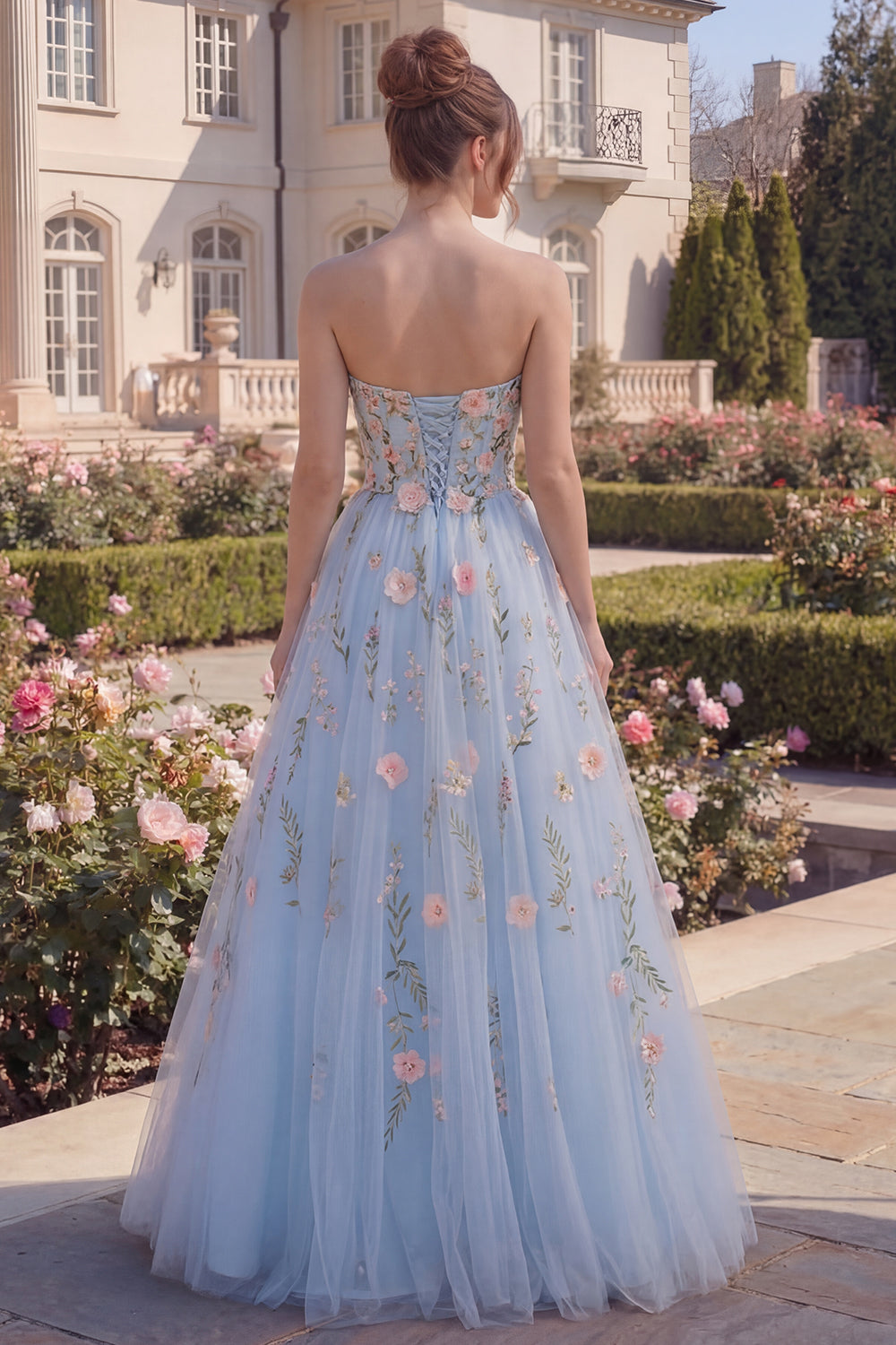 Floral Long Strapless A Line Blue Corset Prom Dress