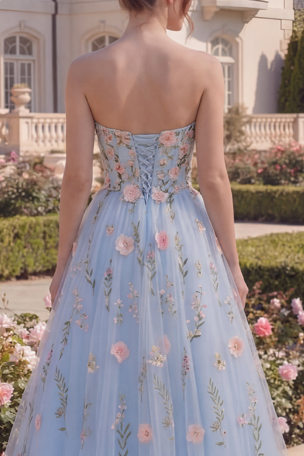 Floral Long Strapless A Line Blue Corset Prom Dress