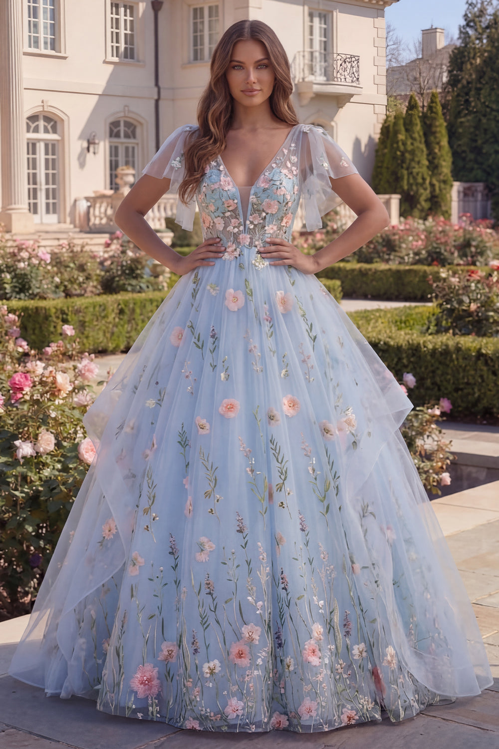 Blue Floral Long V-Neck A Line Corset Prom Dress with Ruffles