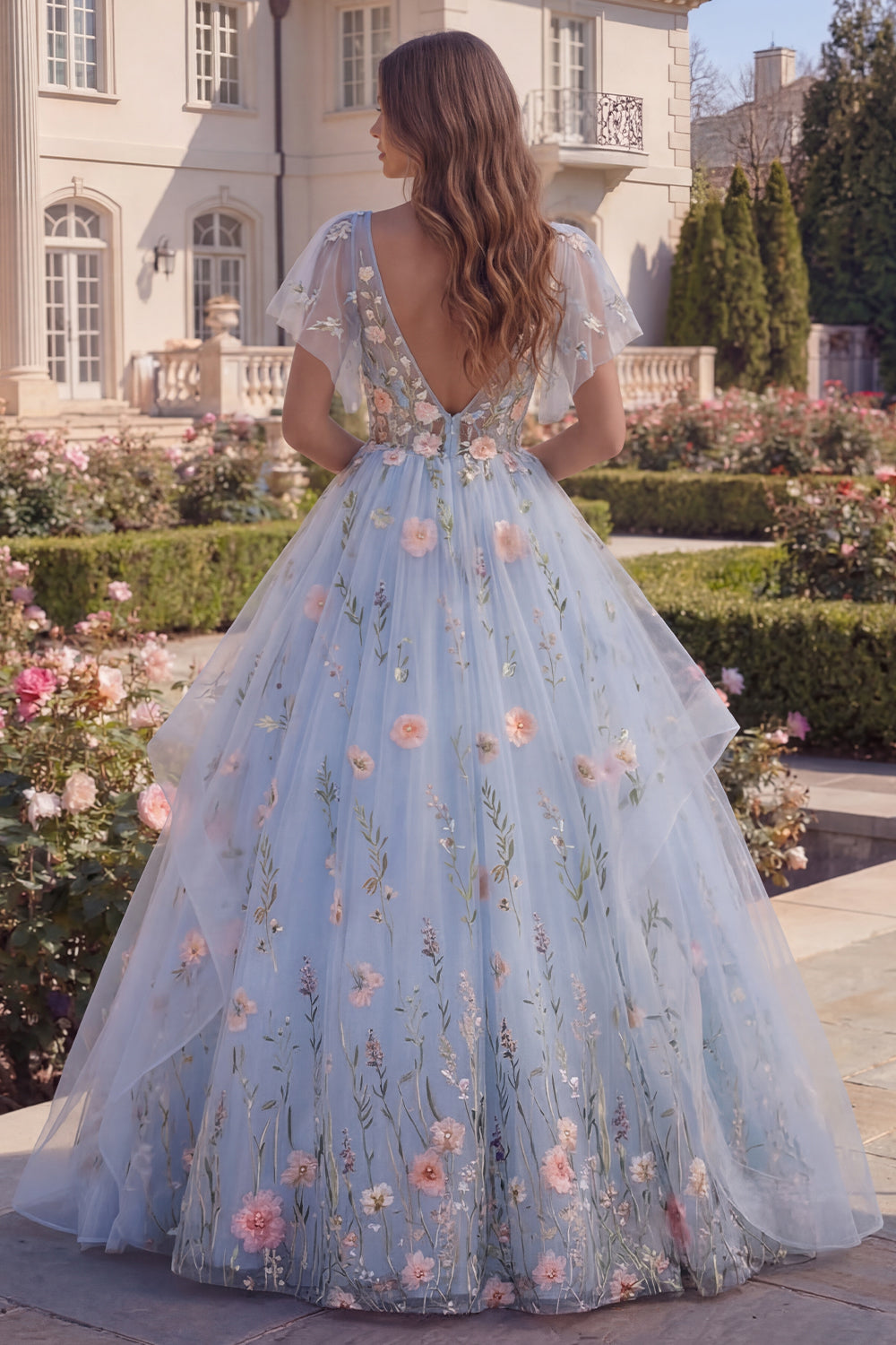 Blue Floral Long V-Neck A Line Corset Prom Dress with Ruffles