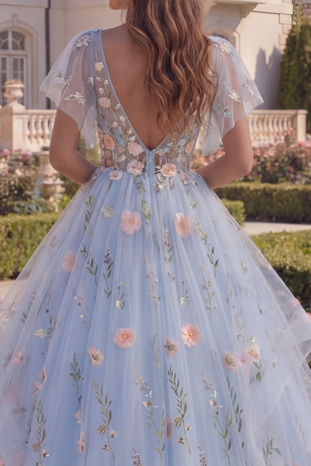 Blue Floral Long V-Neck A Line Corset Prom Dress with Ruffles