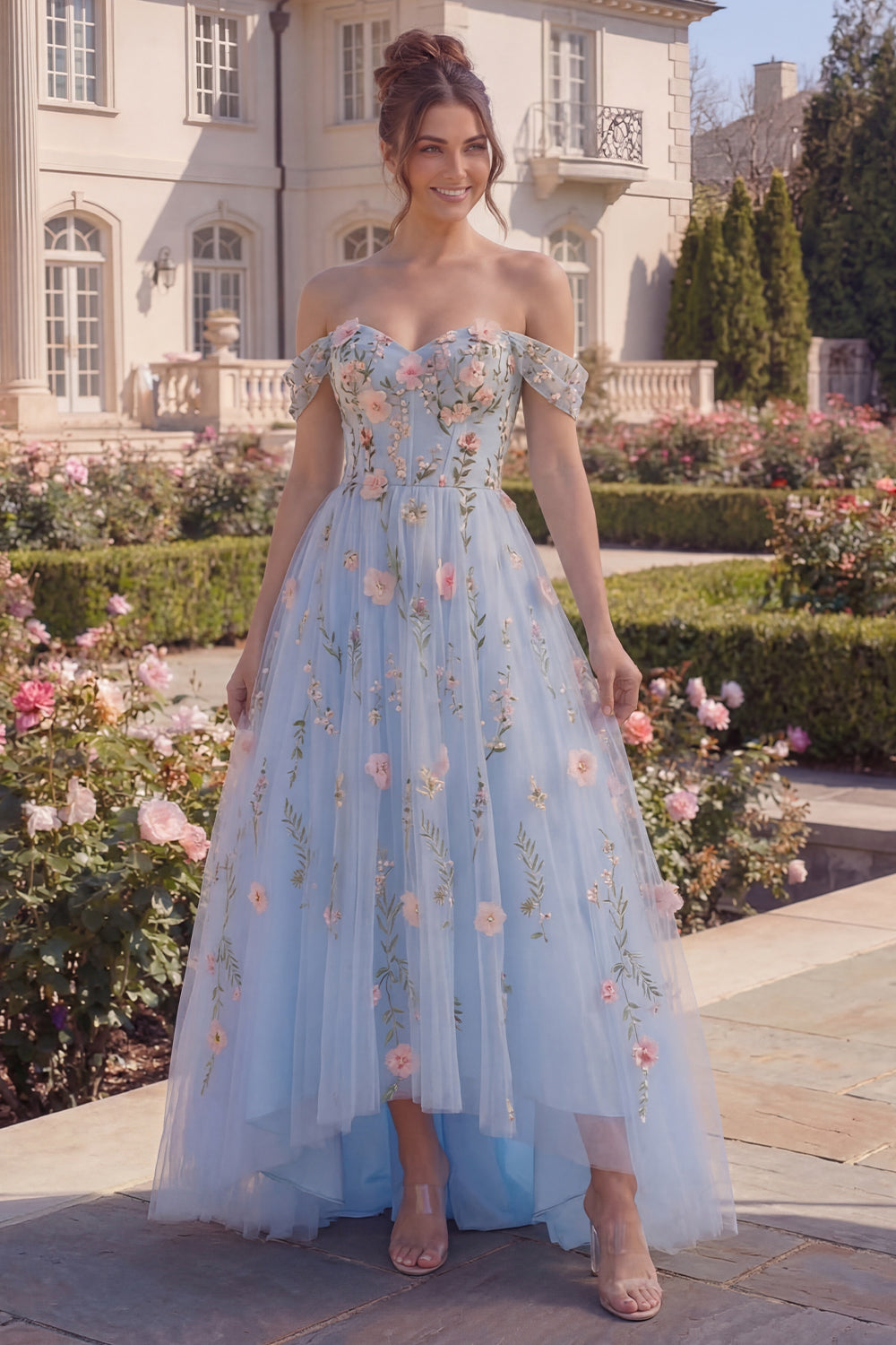 Blue Off the Shoulder A Line Floral Asymmetrical Corset Prom Dress