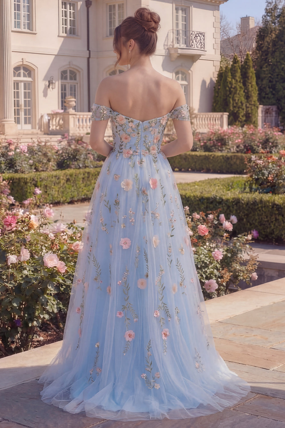 Blue Off the Shoulder A Line Floral Asymmetrical Corset Prom Dress
