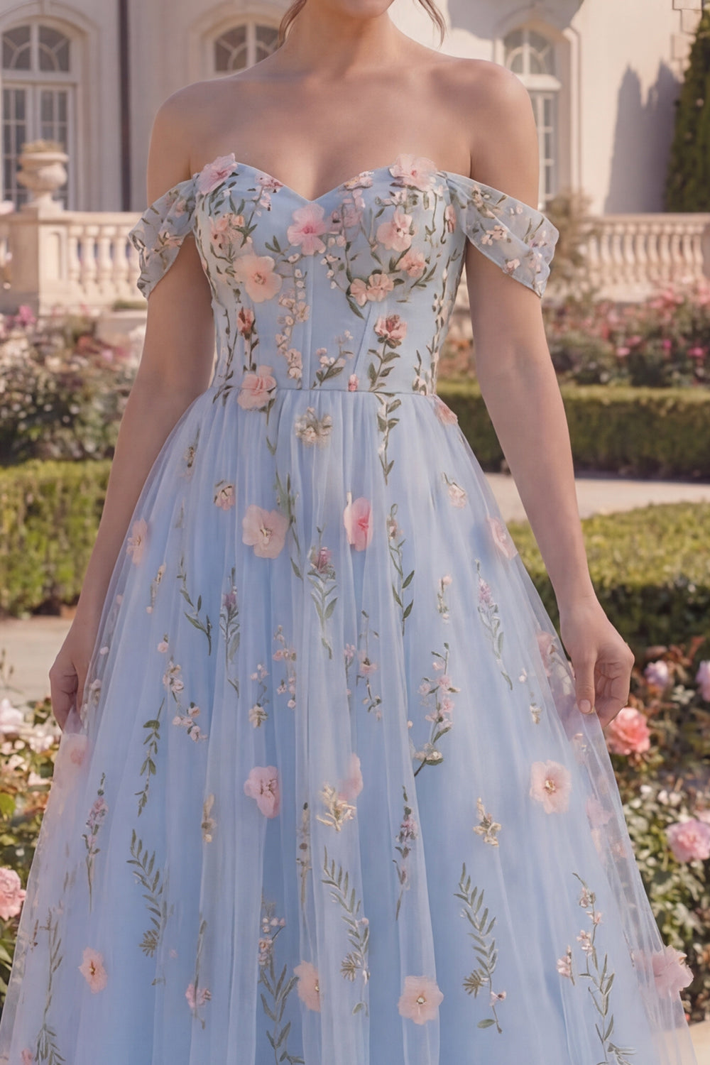 Blue Off the Shoulder A Line Floral Asymmetrical Corset Prom Dress