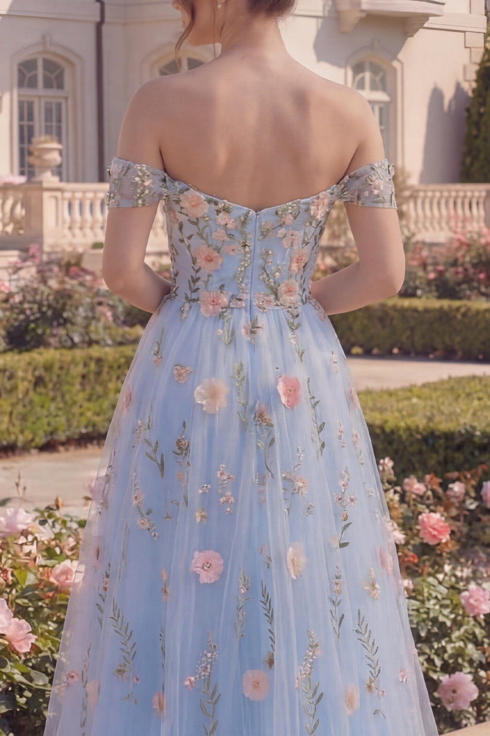 Blue Off the Shoulder A Line Floral Asymmetrical Corset Prom Dress