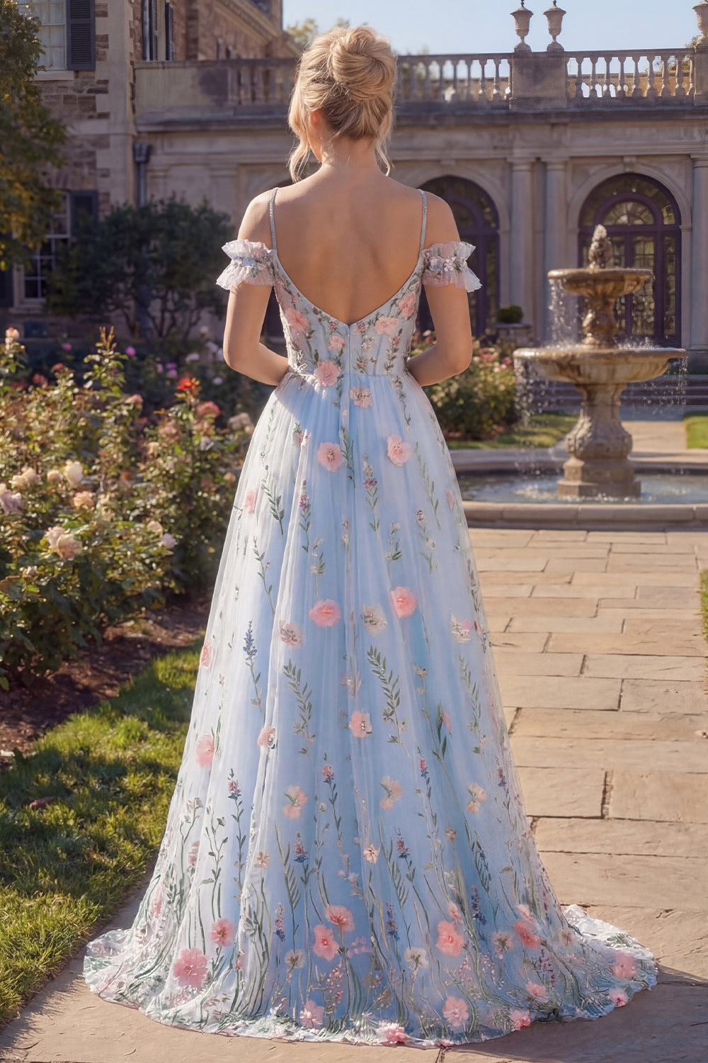 Corset Cold Shoulder A Line Floral Blue Long Prom Dress