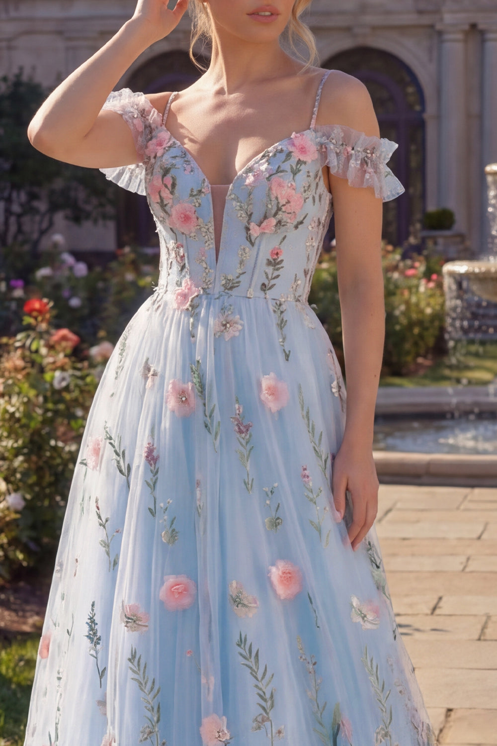Corset Cold Shoulder A Line Floral Blue Long Prom Dress