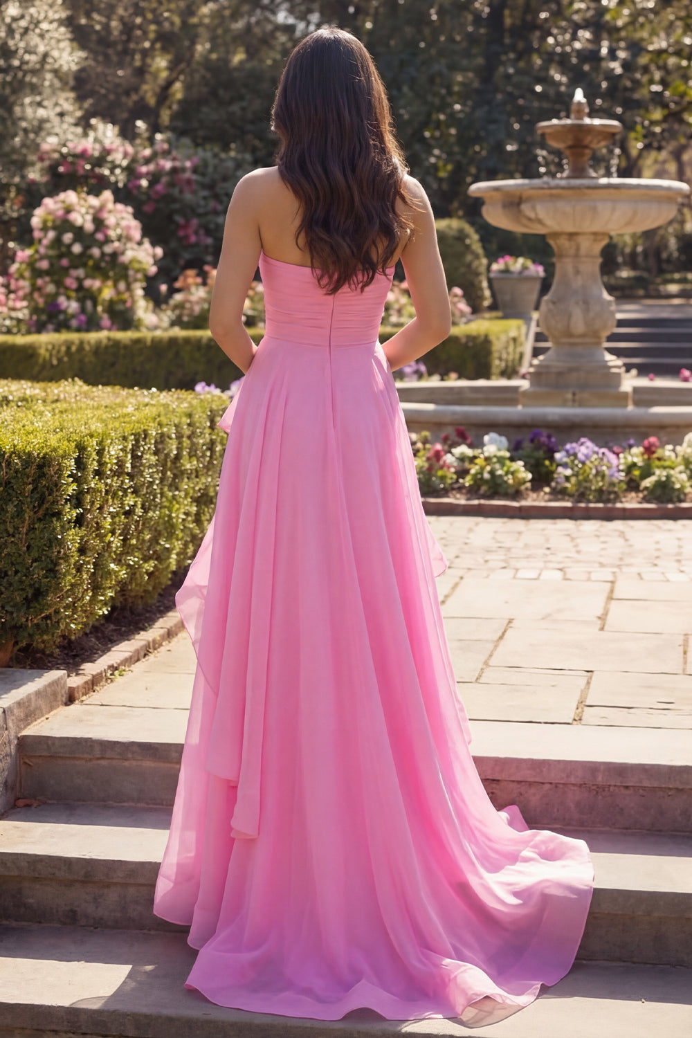 Strapless A Line Hot Pink Long Ruched Prom Dress with Ruffles