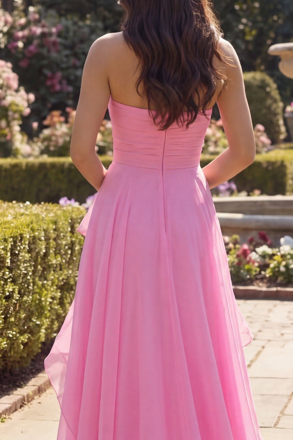 Strapless A Line Hot Pink Long Ruched Prom Dress with Ruffles