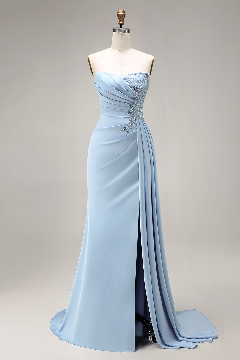 Beaded Ruched Blue Mermaid Long Prom Dress with Side Cape