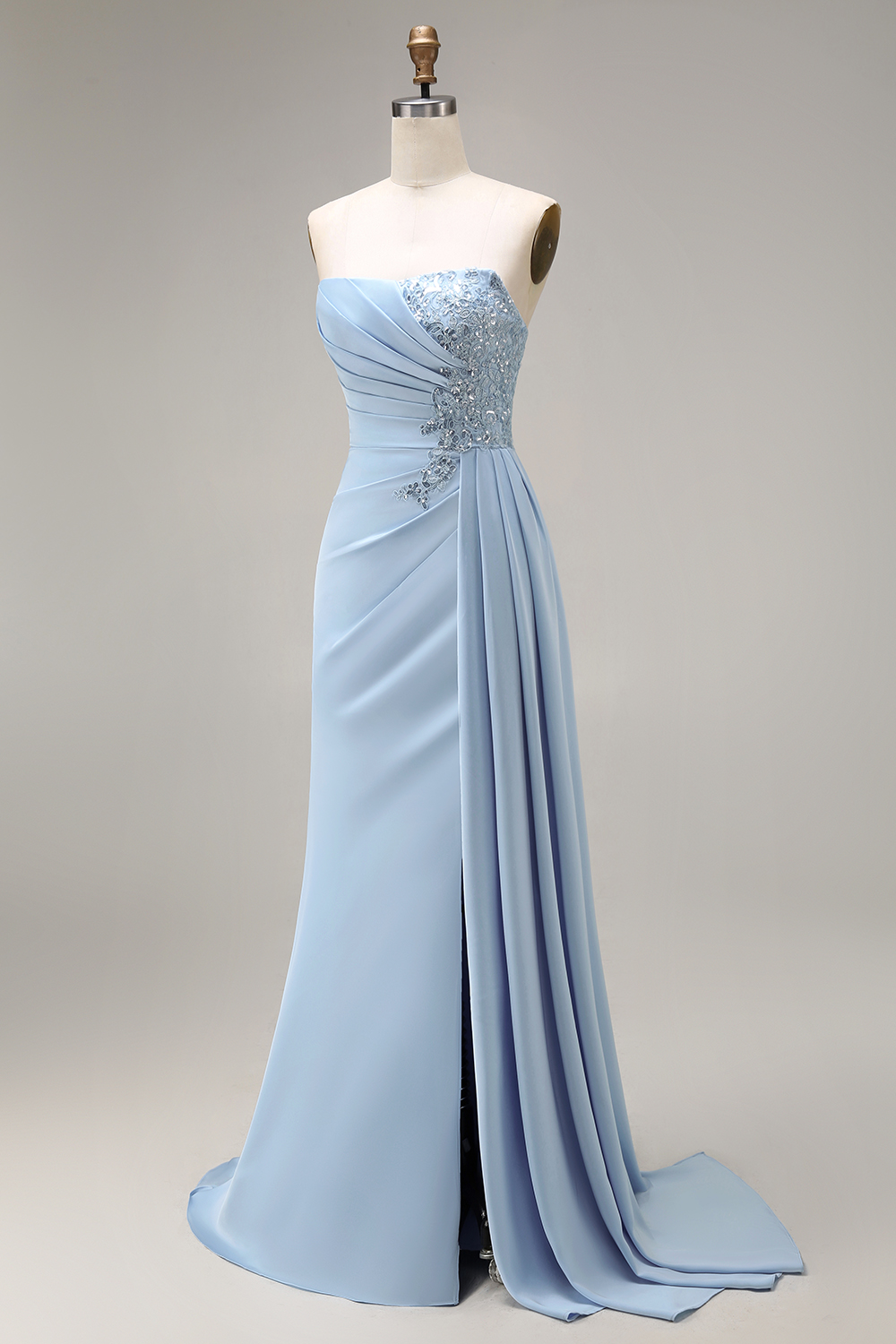 Beaded Ruched Blue Mermaid Long Prom Dress with Side Cape