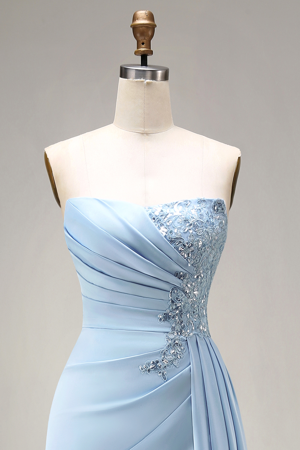Beaded Ruched Blue Mermaid Long Prom Dress with Side Cape