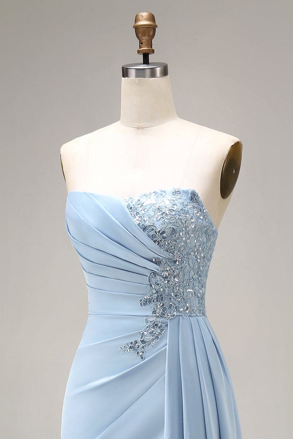 Beaded Ruched Blue Mermaid Long Prom Dress with Side Cape