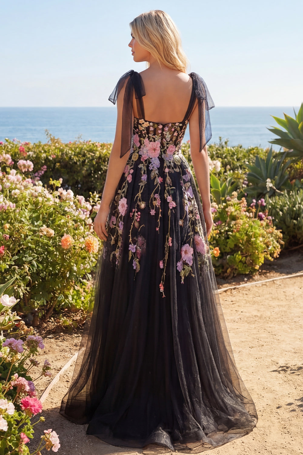 A Line Long Corset Black Pink Flower Bow Tie Prom Dress with Slit