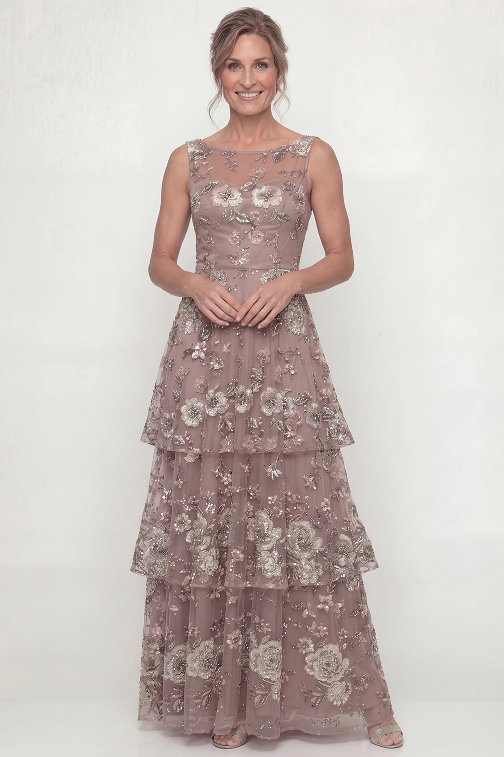 Dusty Rose A Line Floral Long Mother of the Bride Dress with Ruffles