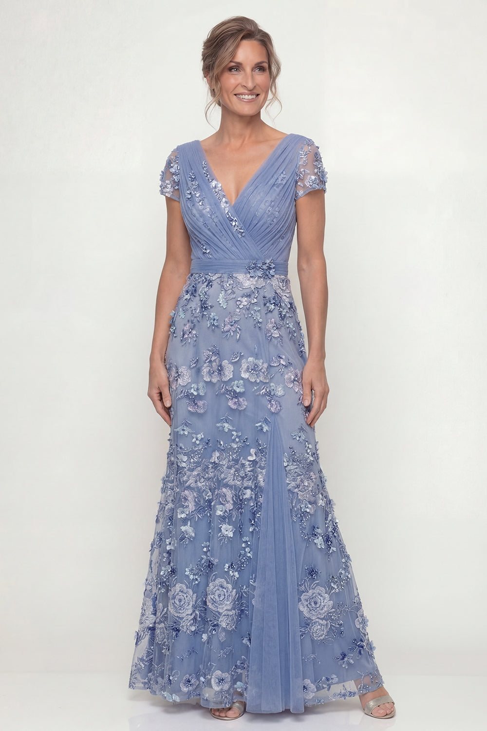 Dusty Floral Blue Long Ruched A Line Mother of the Bride Dress