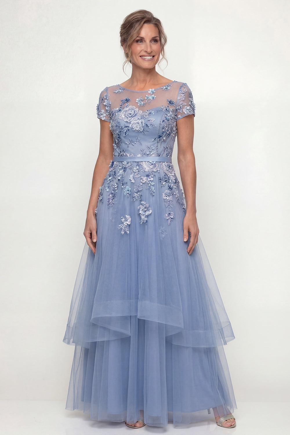 Dusty Blue A Line Floral Long Mother of the Bride Dress with Ruffles