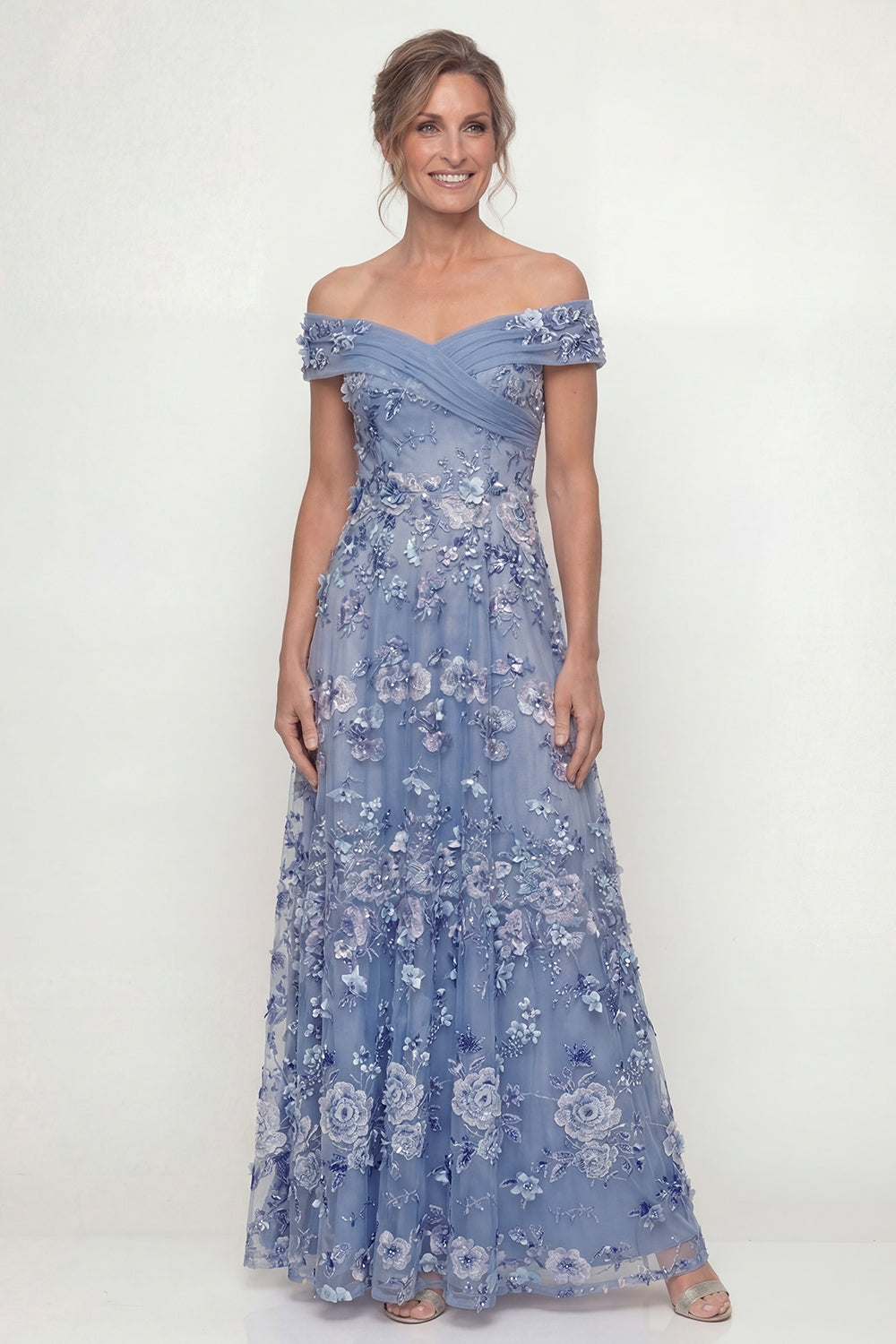 Floral Dusty Blue A Line Long Mother of the Bride Dress