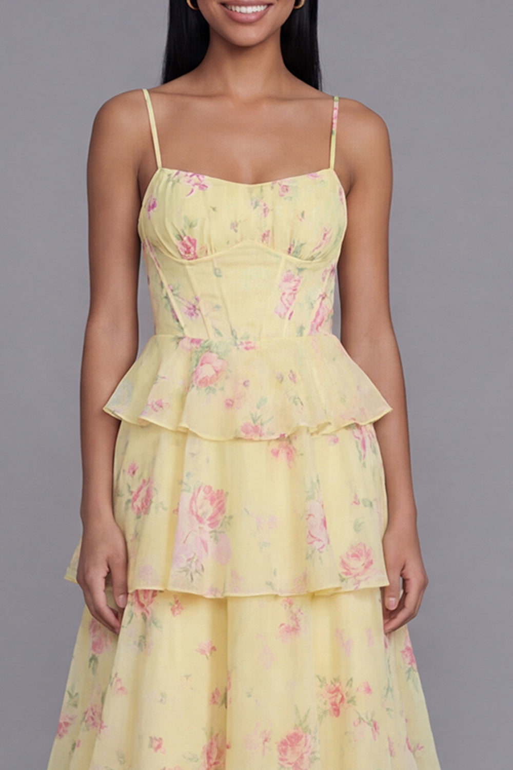 Yellow Corset A Line Floral Maxi Formal Dress with Ruffles