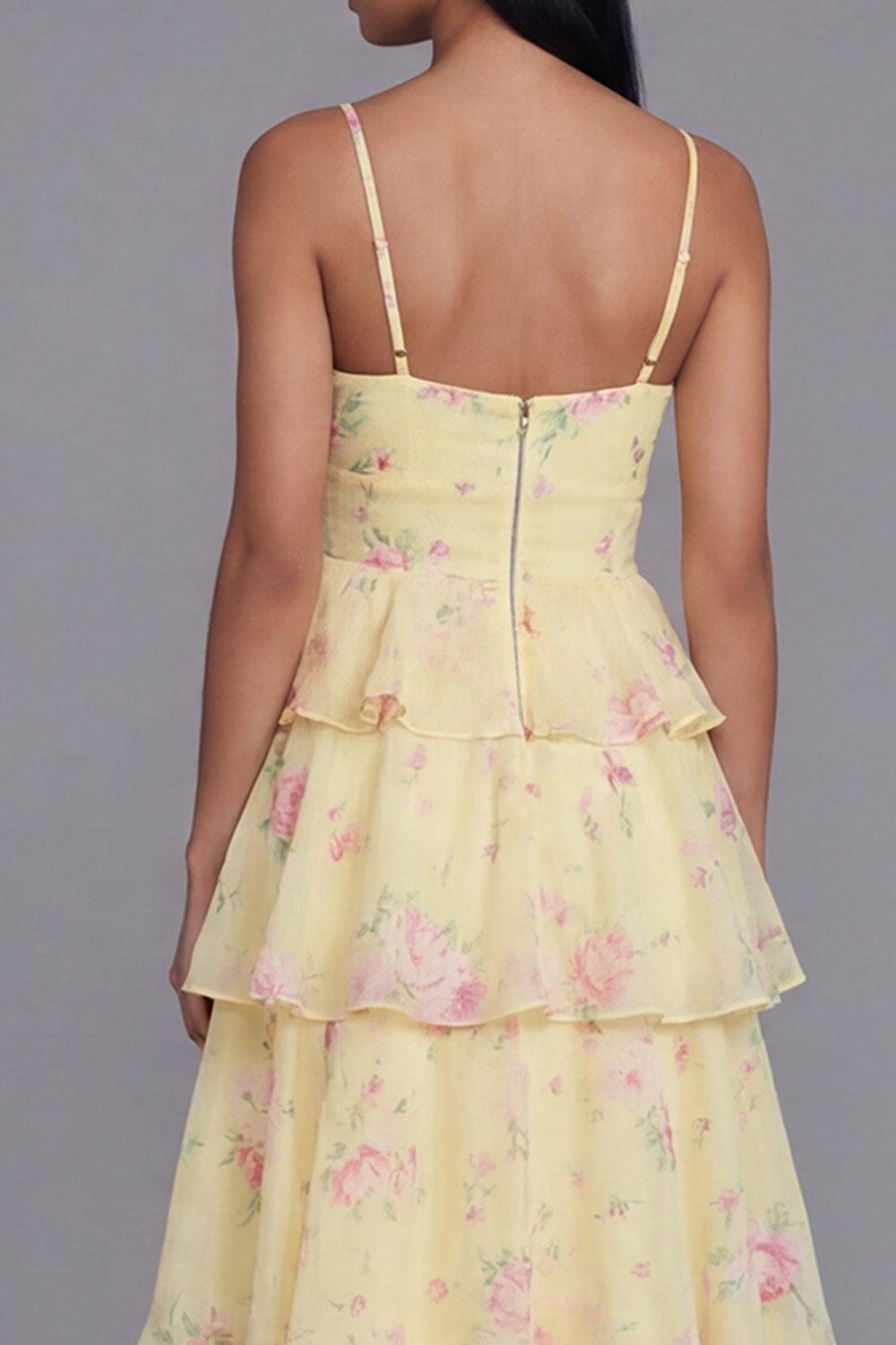 Yellow Corset A Line Floral Maxi Formal Dress with Ruffles