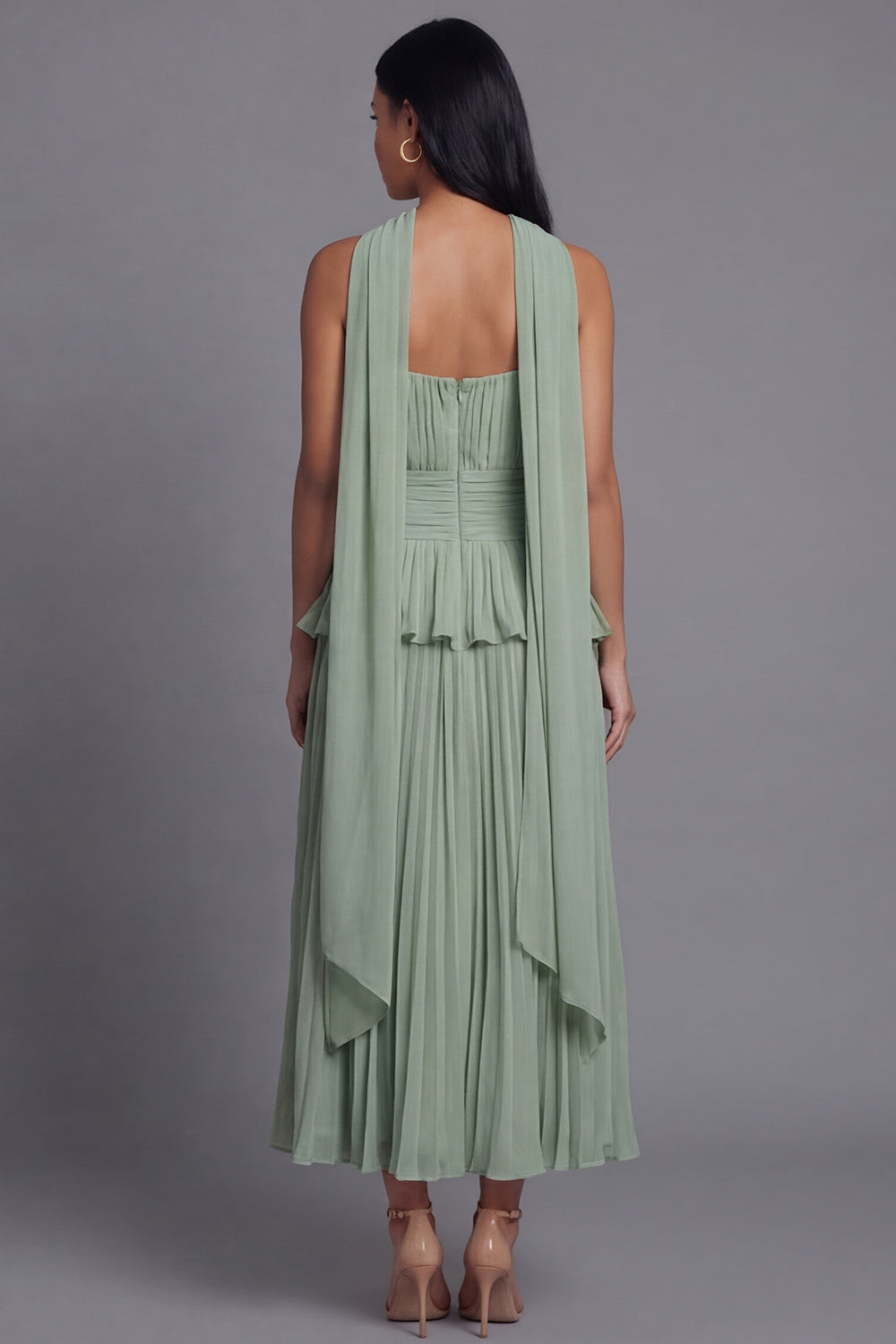 Dusty Sage A Line Maxi Ruffled Formal Dress with Pleats