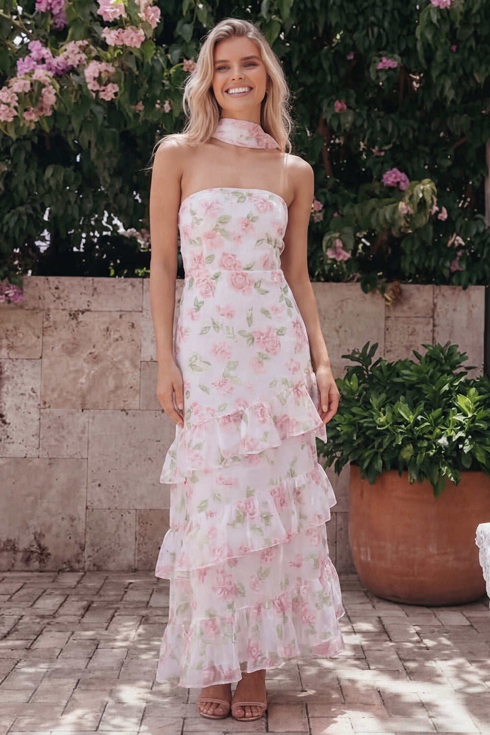 Mermaid Yellow Floral Maxi Strapless Formal Dress with Ruffles