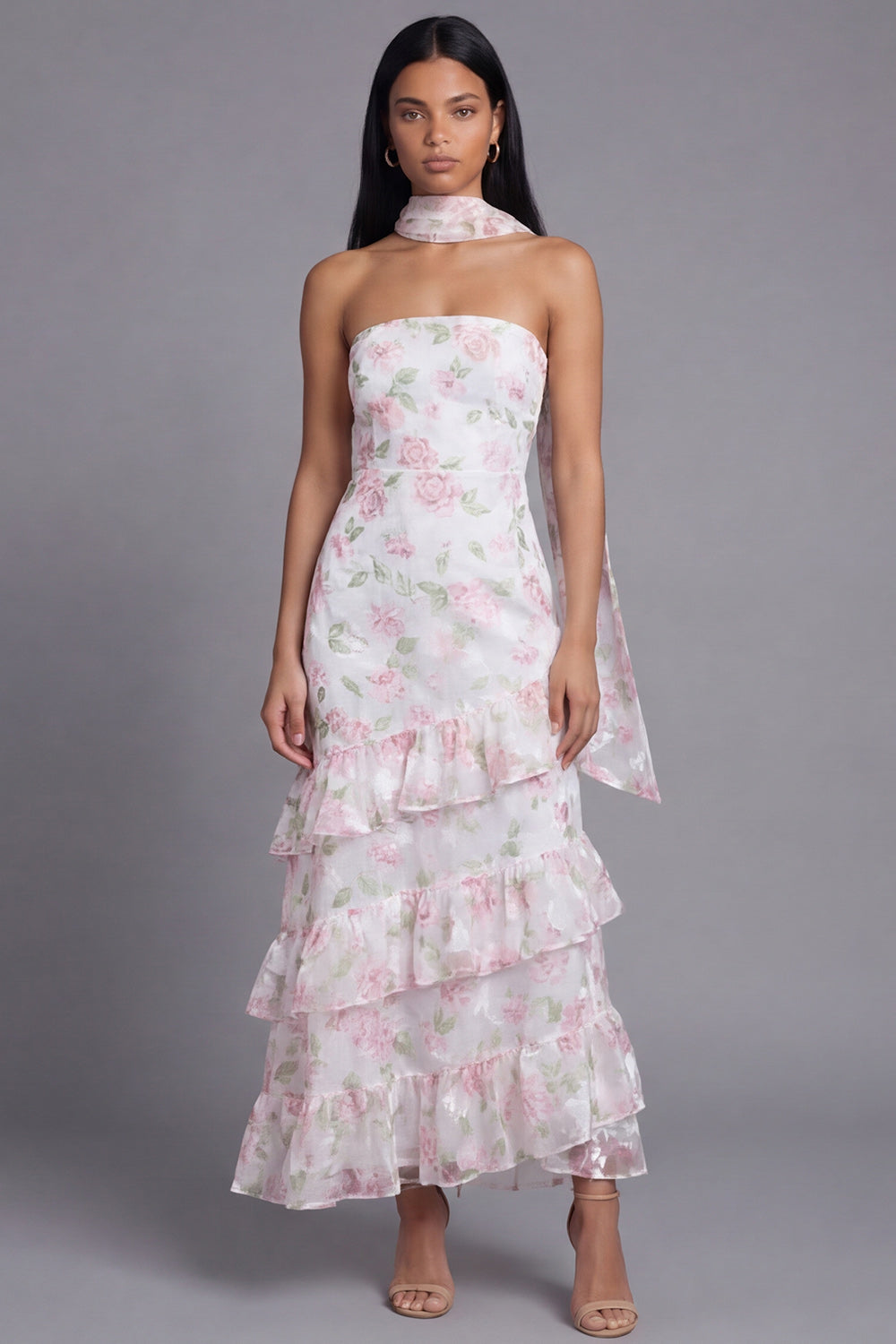 Mermaid Yellow Floral Maxi Strapless Formal Dress with Ruffles