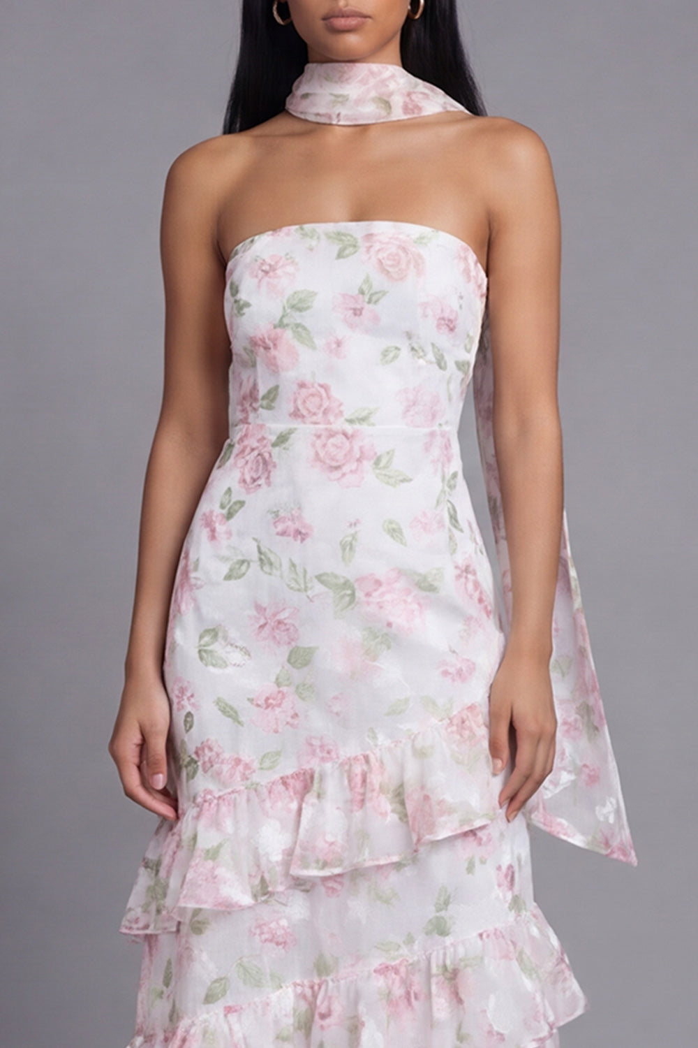 Mermaid Yellow Floral Maxi Strapless Formal Dress with Ruffles