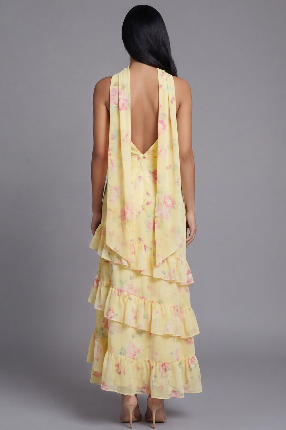 Mermaid Yellow Floral Maxi Strapless Formal Dress with Ruffles