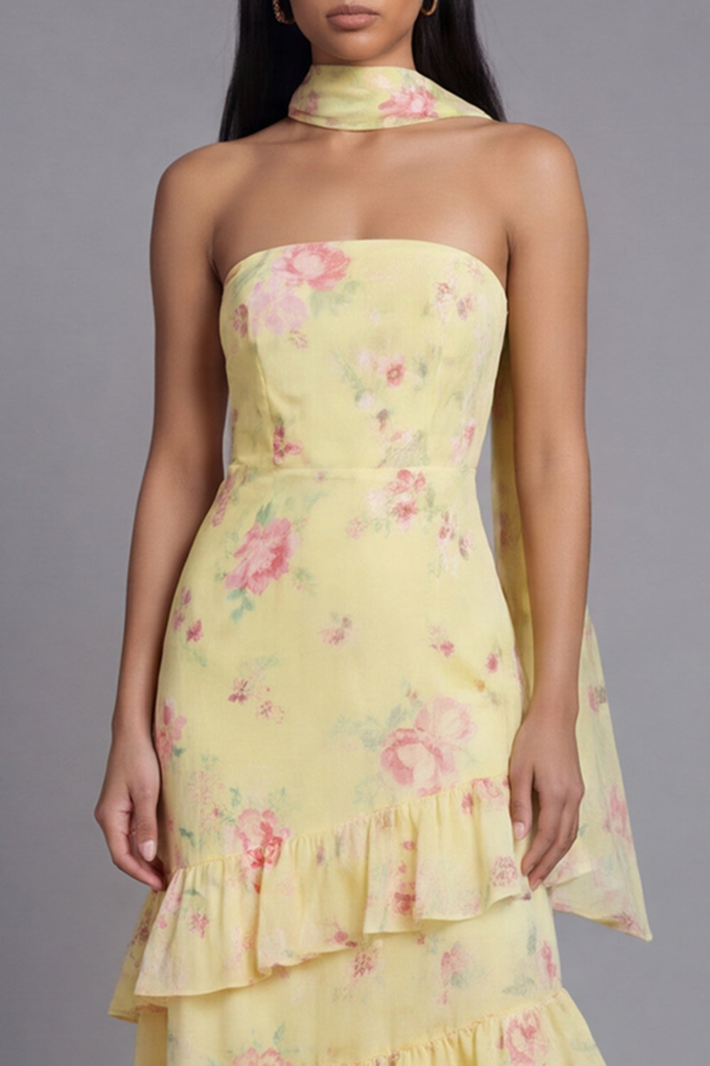 Mermaid Yellow Floral Maxi Strapless Formal Dress with Ruffles