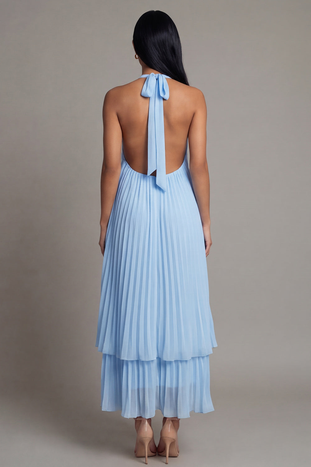 A Line Floral Maxi White Blue Flower Formal Dress with Pleats