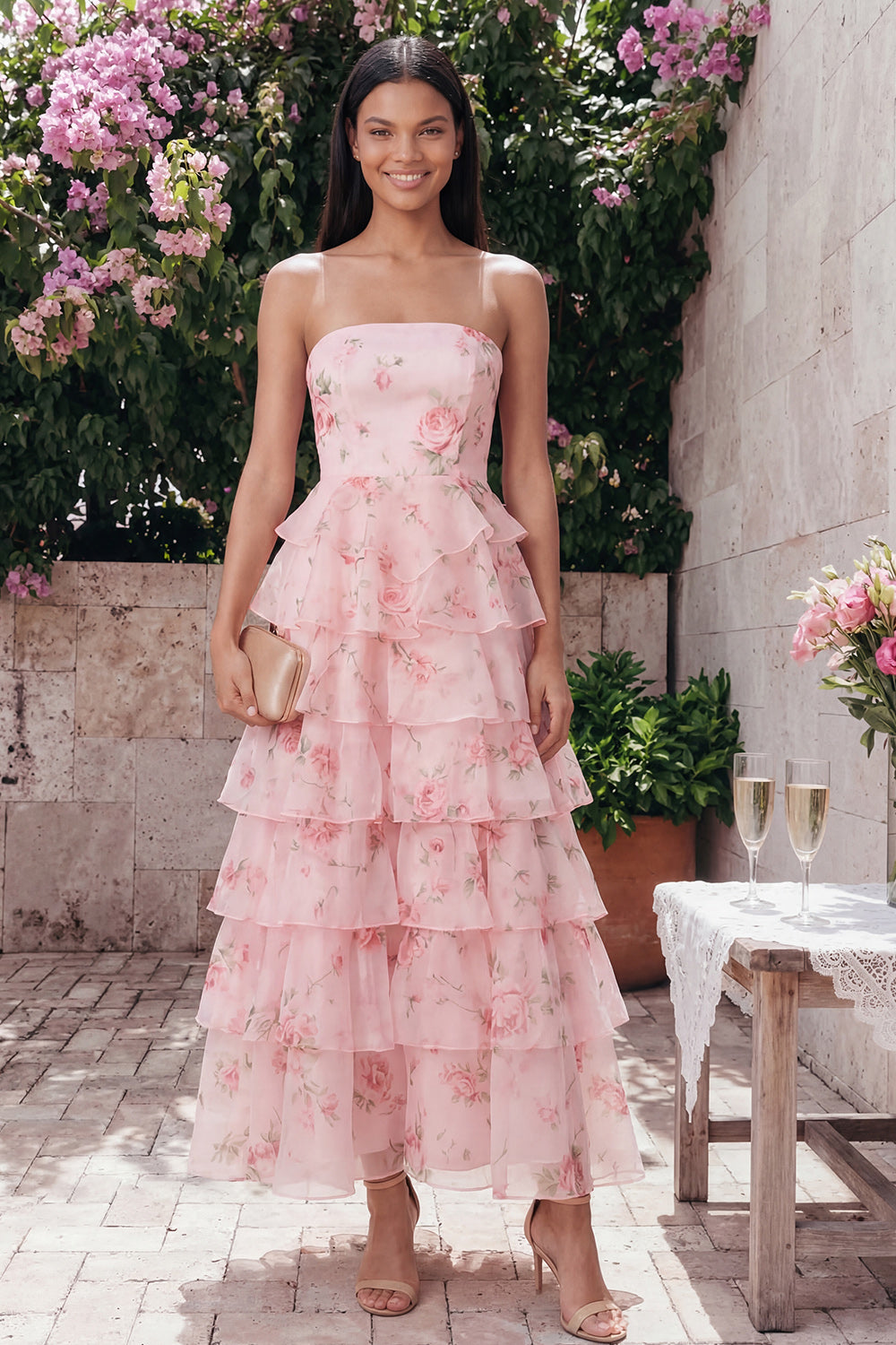 A Line Floral Maxi Strapless Pink Formal Dress with Ruffles