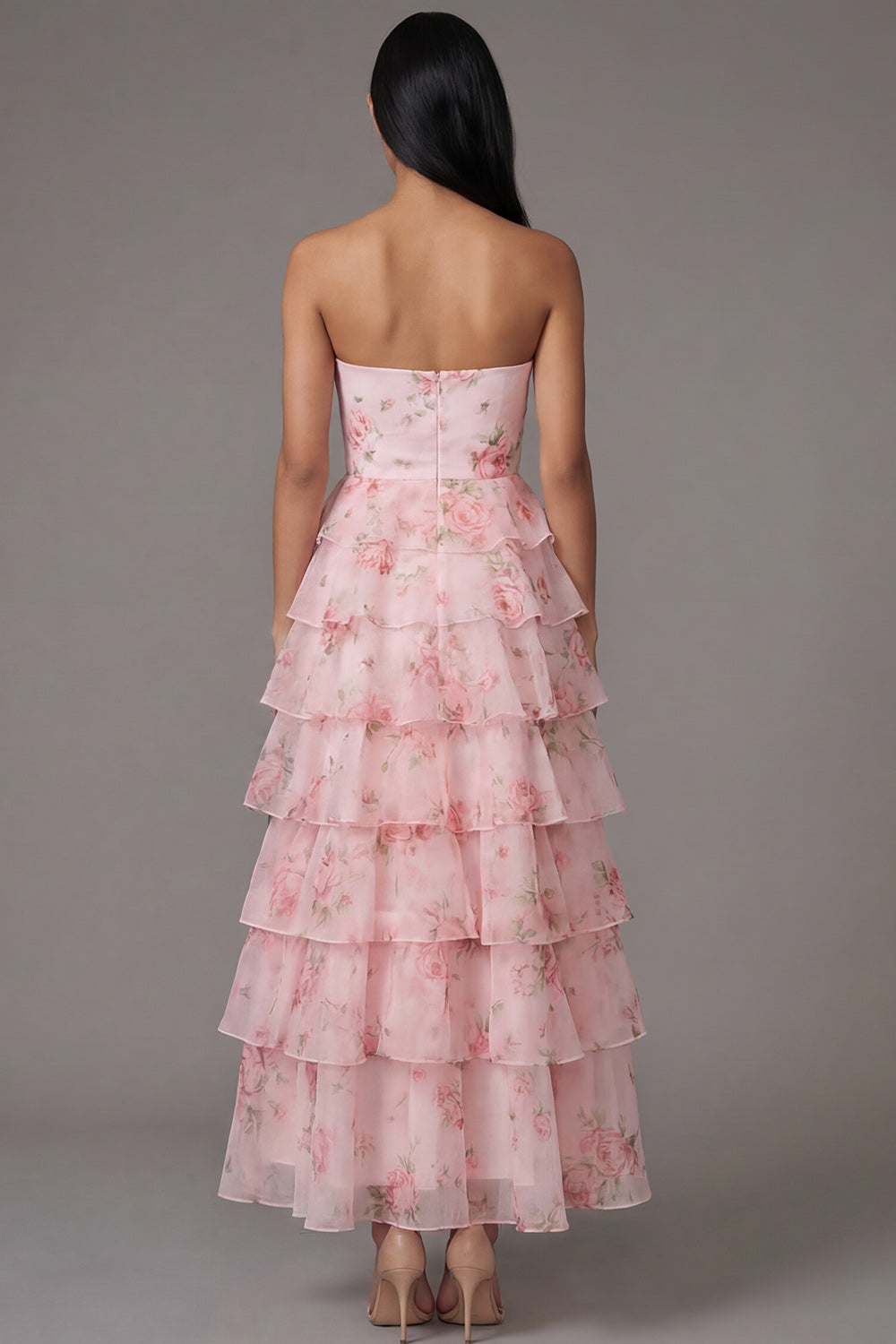 A Line Floral Maxi Strapless Pink Formal Dress with Ruffles