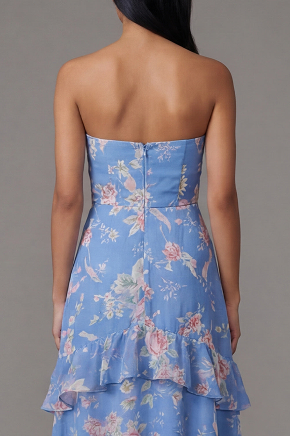 A Line Strapless Blue Floral Maxi Formal Dress with Ruffles