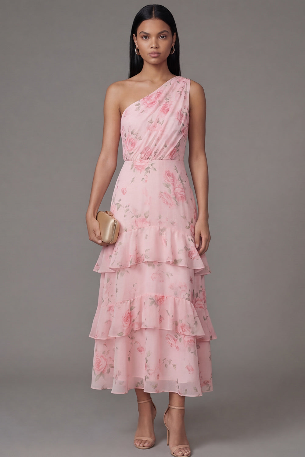 One Shoulder Ruched Floral Maxi A Line Pink Formal Dress with Ruffles