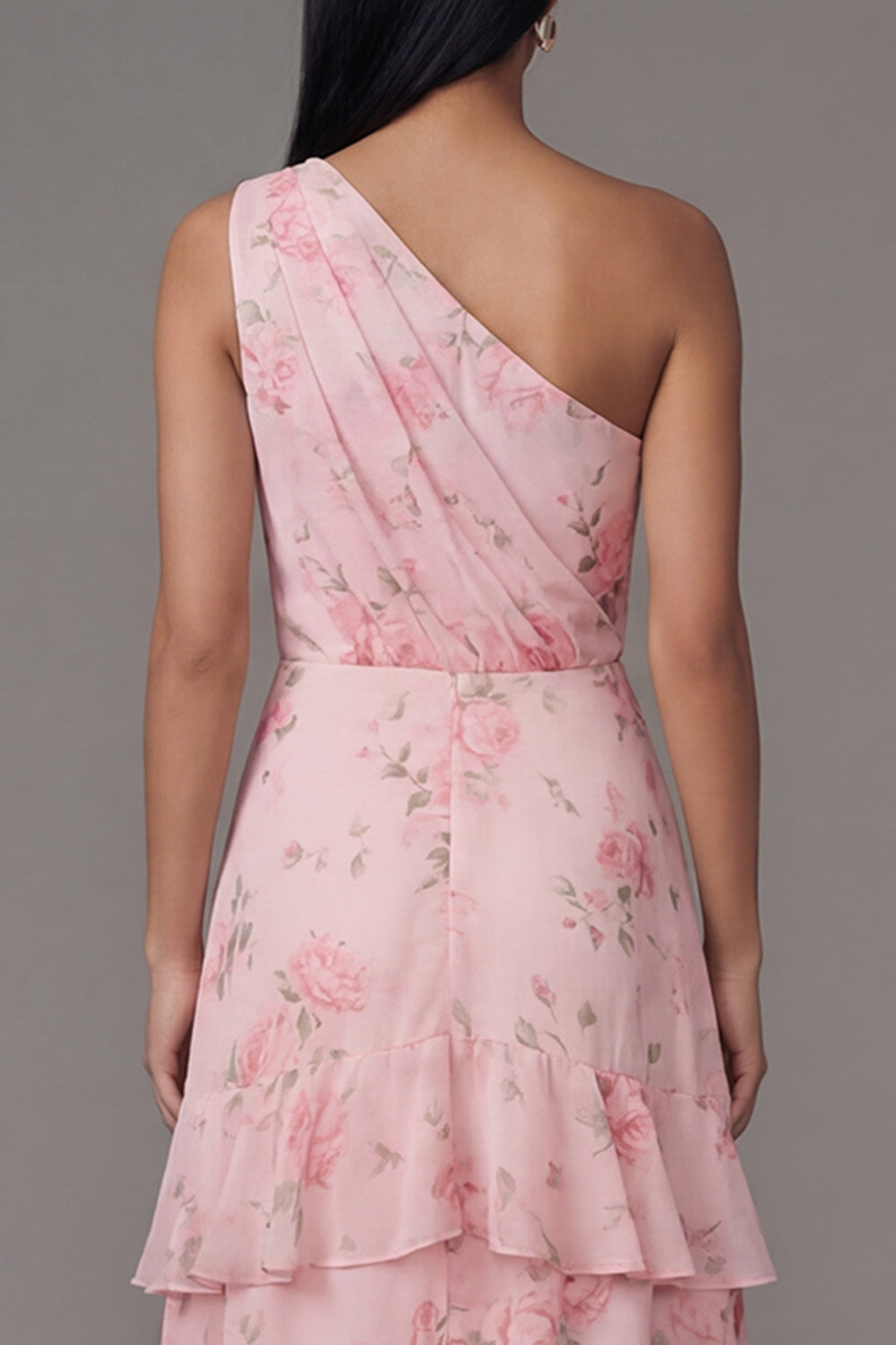 One Shoulder Ruched Floral Maxi A Line Pink Formal Dress with Ruffles