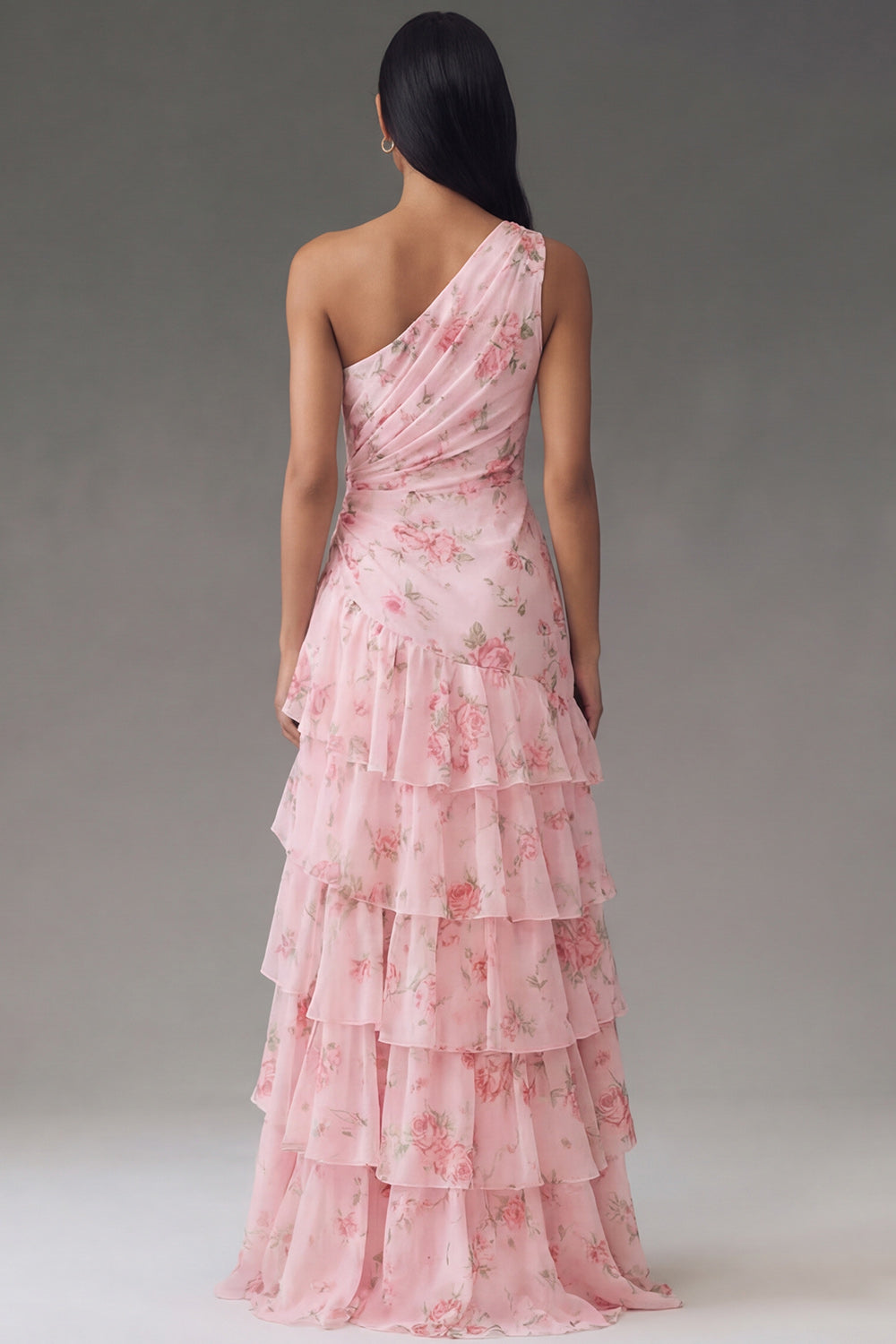 Ruffled Floral Maxi Ruched A Line Pink Formal Dress with Slit