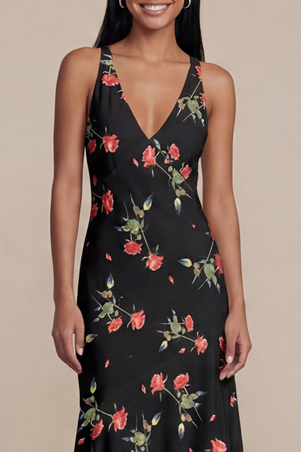 V-Neck A Line Black Floral Asymmetrical Formal Dress