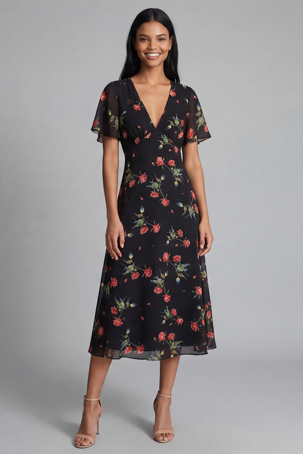 Maxi Black V-Neck A Line Floral Formal Dress