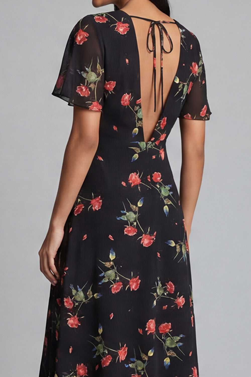 Maxi Black V-Neck A Line Floral Formal Dress