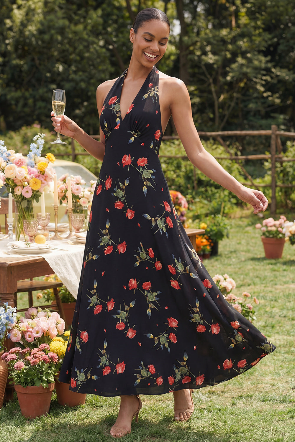 Halter Black A Line Floral Maxi Formal Dress