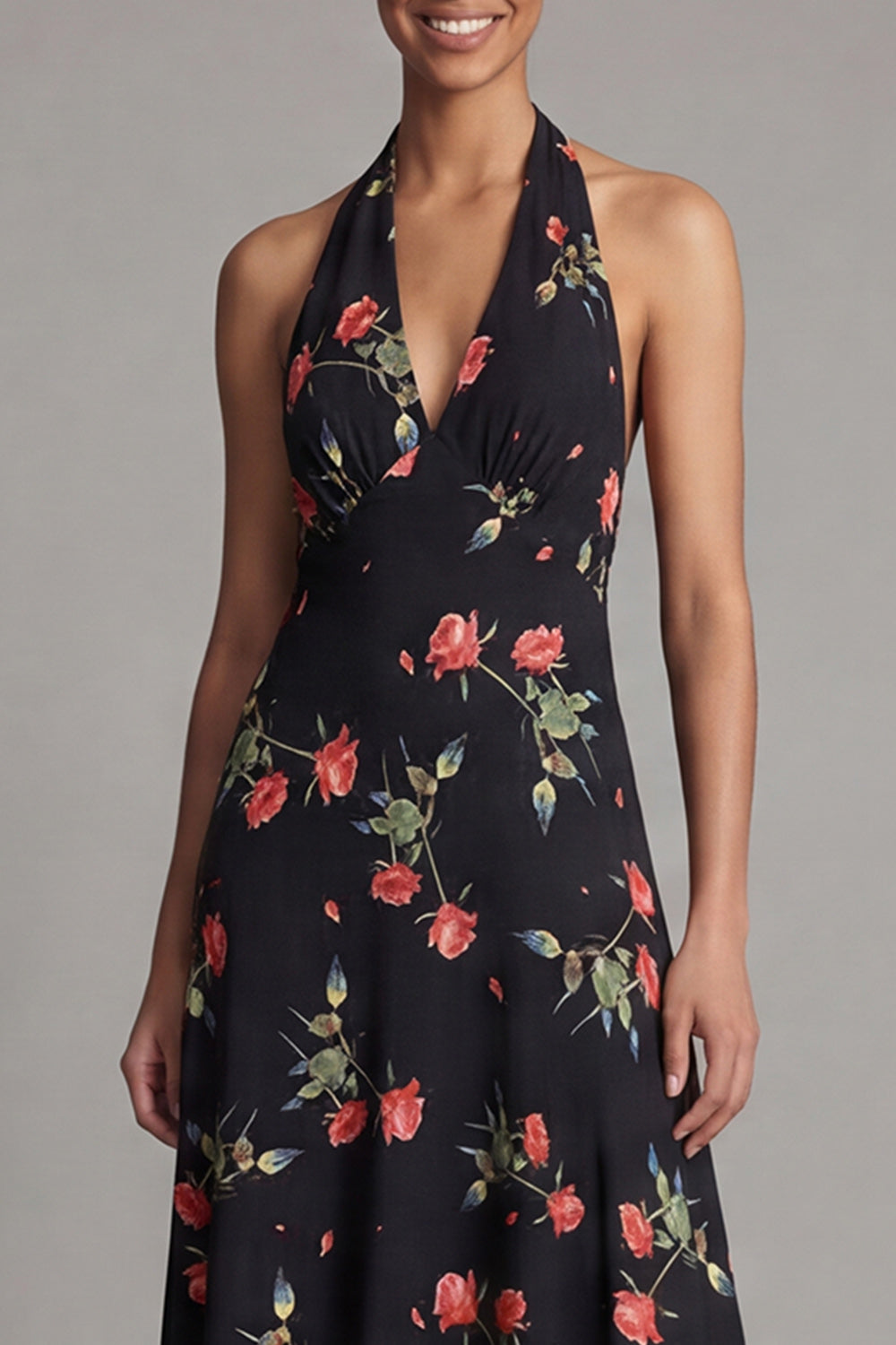 Halter Black A Line Floral Maxi Formal Dress