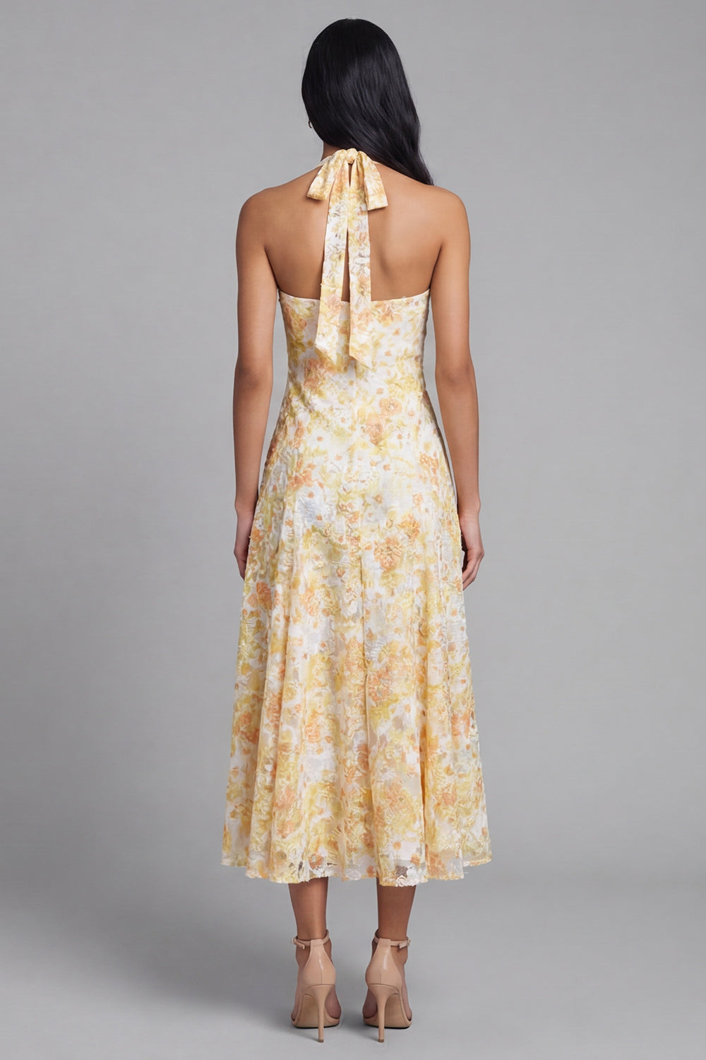 Halter A Line Floral Maxi Yellow Lace Formal with Bow