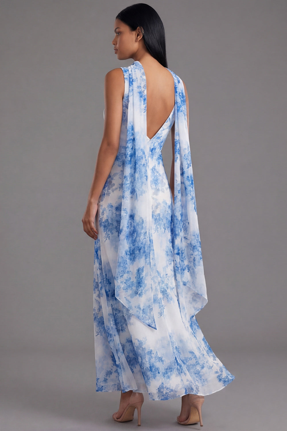 White Blue Flower Neck Scarf Mermaid Floral Maxi Formal Dress