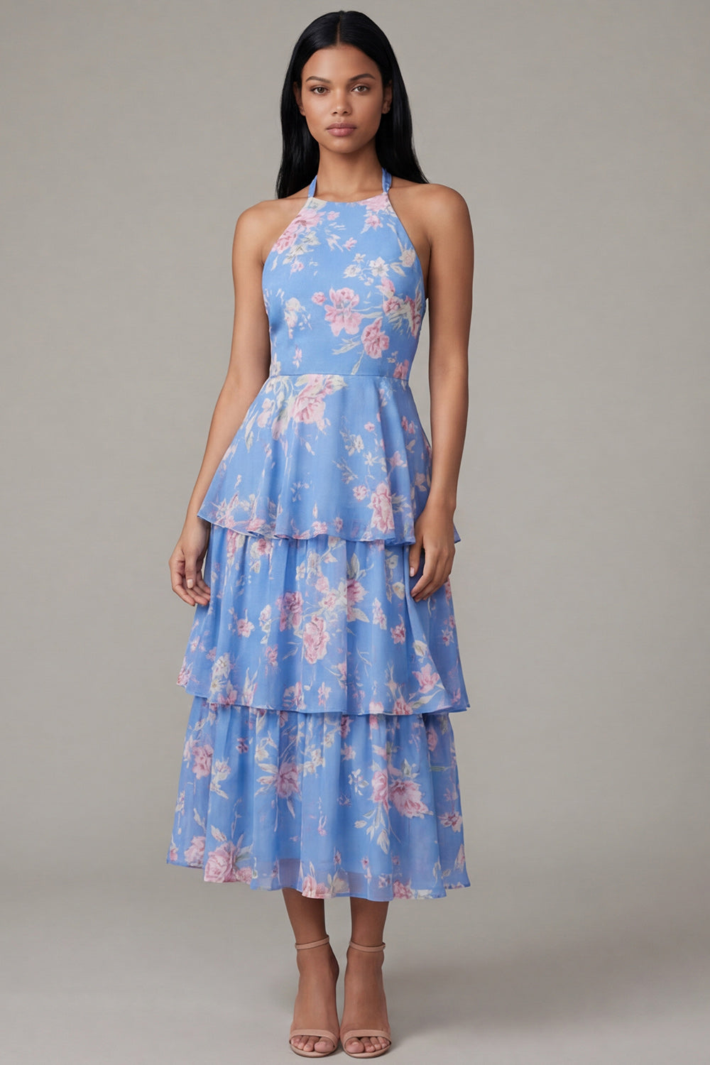 Ruffled A Line Blue Floral Maxi Formal Dress with Bow