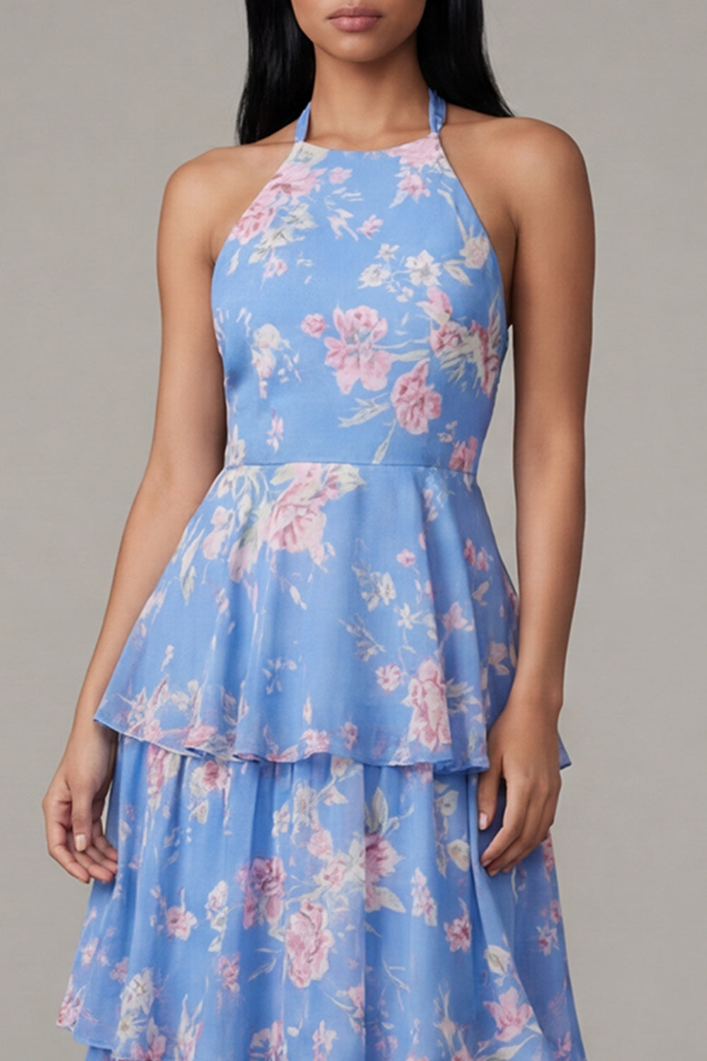 Ruffled A Line Blue Floral Maxi Formal Dress with Bow